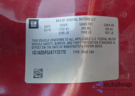 2010 Chevrolet Cobalt Lt z USA, uszkodzony, nr VIN 1G1AD5F52A7172170